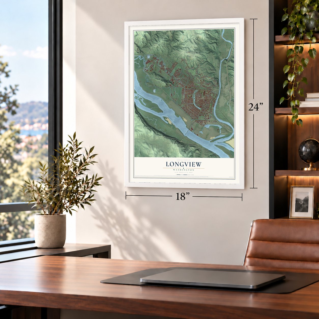 Longview, Washington map, 18 x 24 inch print in a white frame in a home office