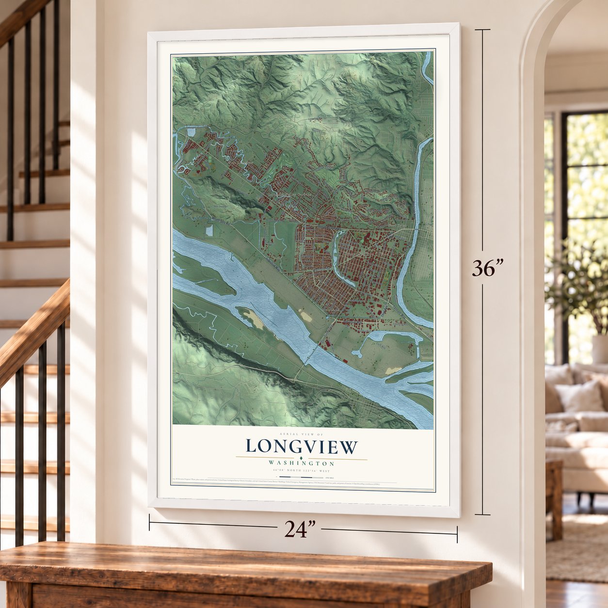 Longview, Washington map, 24 x 36 inch print in a white frame by a staircase