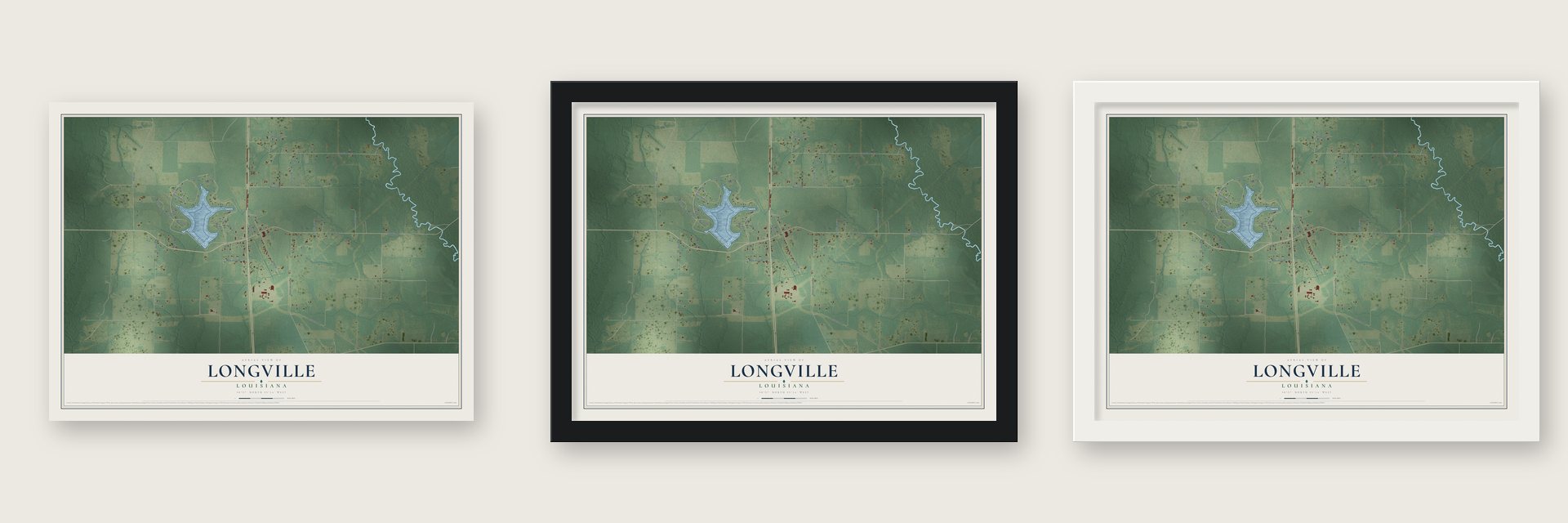 Longville, Louisiana map unframed, in a black wood frame and in a white wood frame
