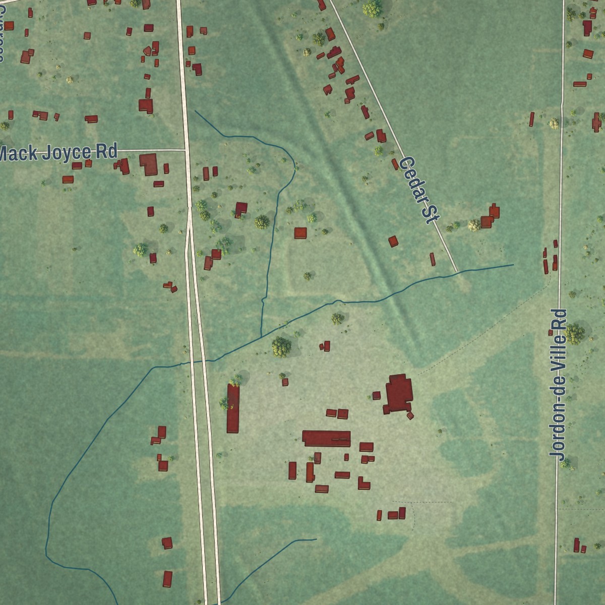 Second close-up of the map of Longville, Louisiana print showing more streets and buildings