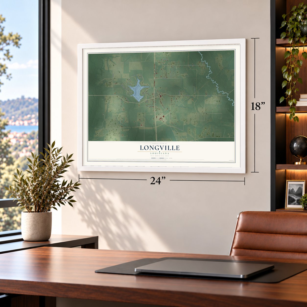 Longville, Louisiana map, 18 x 24 inch print in a white frame in a home office