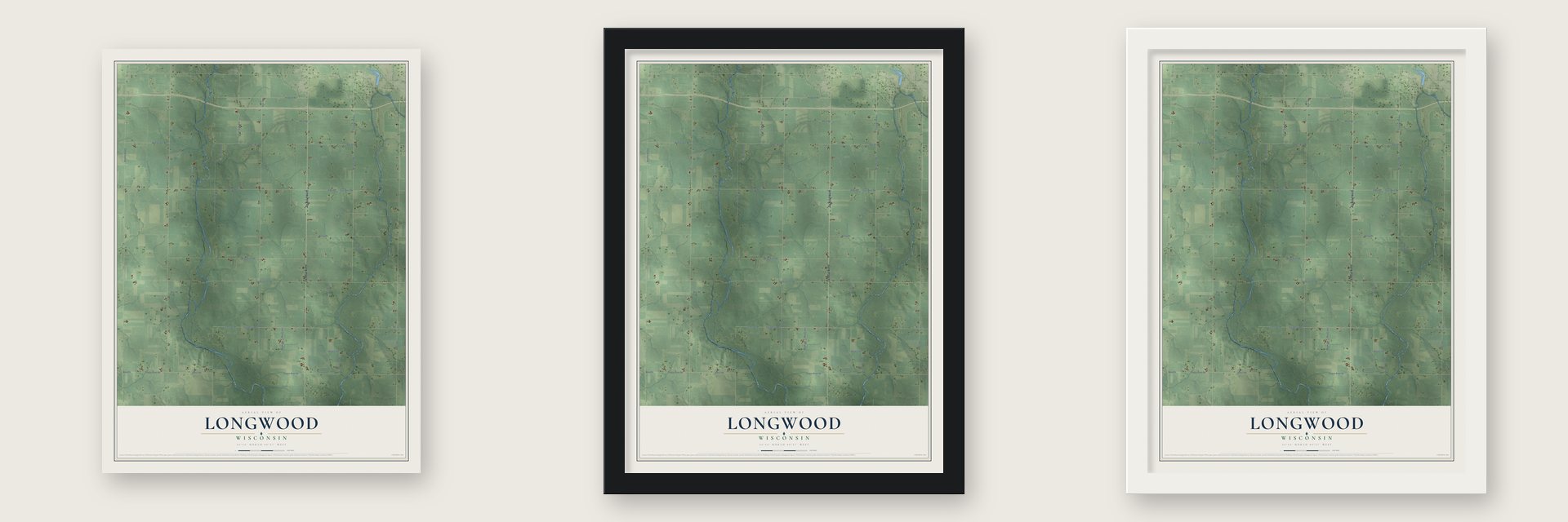 Longwood, Wisconsin map unframed, in a black wood frame and in a white wood frame
