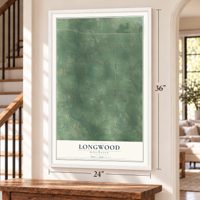 Longwood, Wisconsin map, 24 x 36 inch print in a white frame by a staircase
