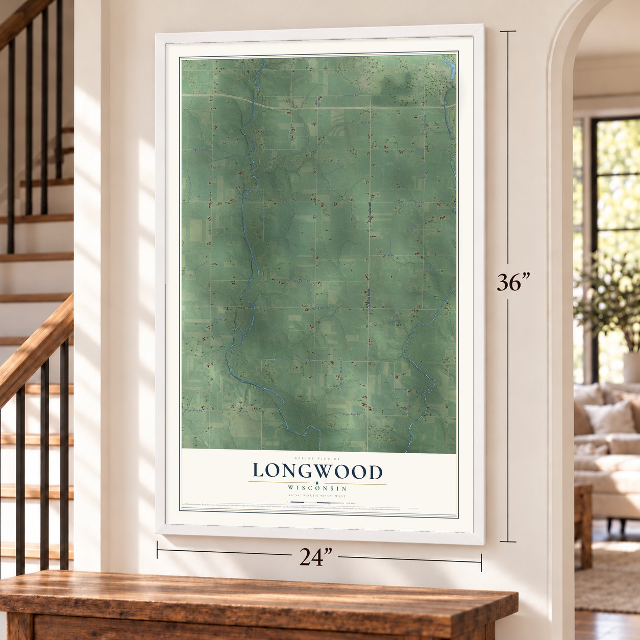 Longwood, Wisconsin map, 24 x 36 inch print in a white frame by a staircase
