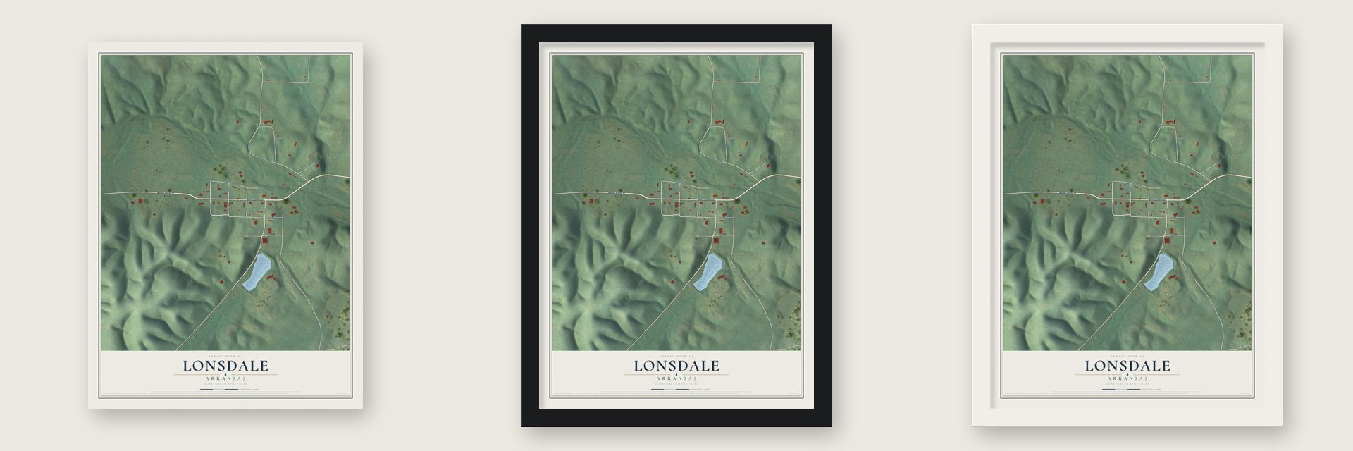 Lonsdale, Arkansas map unframed, in a black wood frame and in a white wood frame