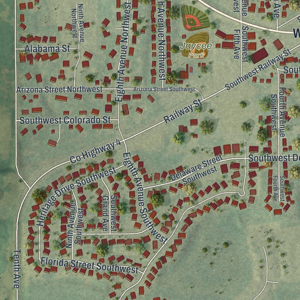 Second close-up of the map of Lonsdale, Minnesota print showing more streets and buildings