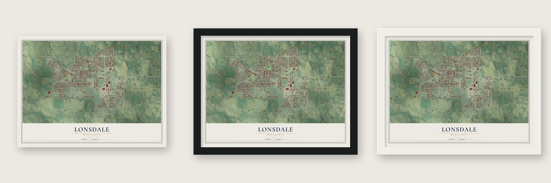 Lonsdale, Minnesota map unframed, in a black wood frame and in a white wood frame