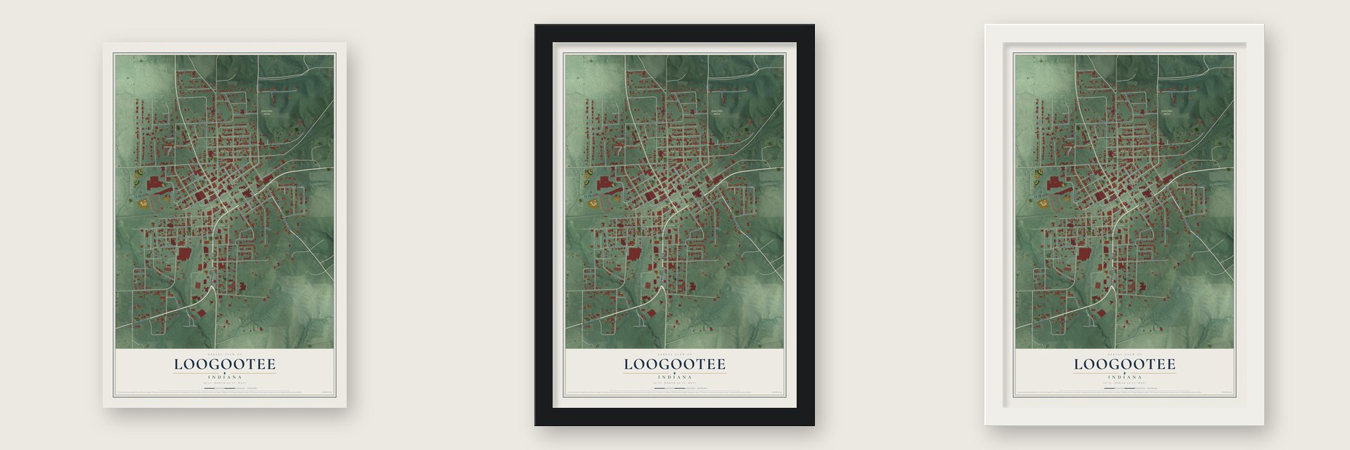 Loogootee, Indiana map unframed, in a black wood frame and in a white wood frame