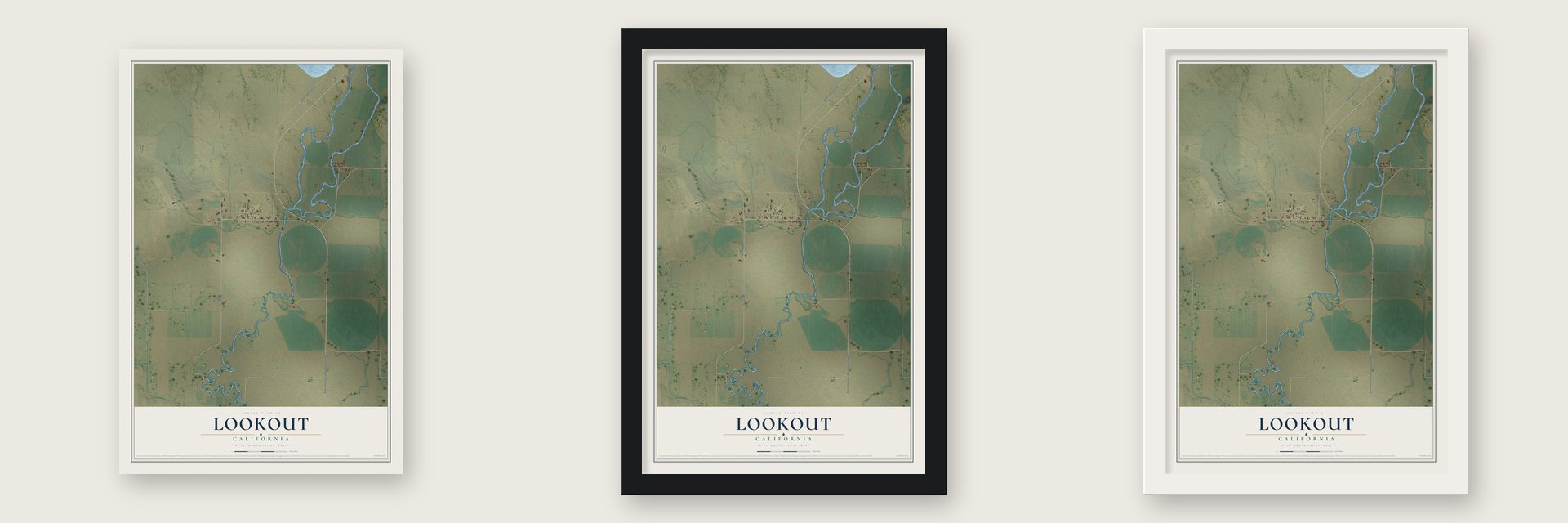 Lookout, California map unframed, in a black wood frame and in a white wood frame
