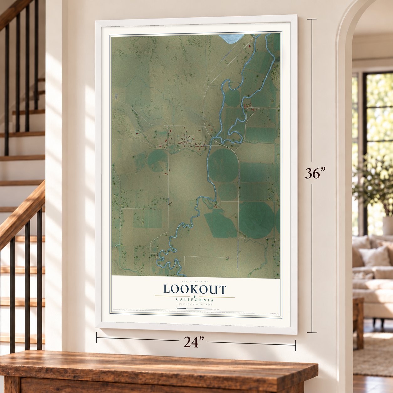 Lookout, California map, 24 x 36 inch print in a white frame by a staircase