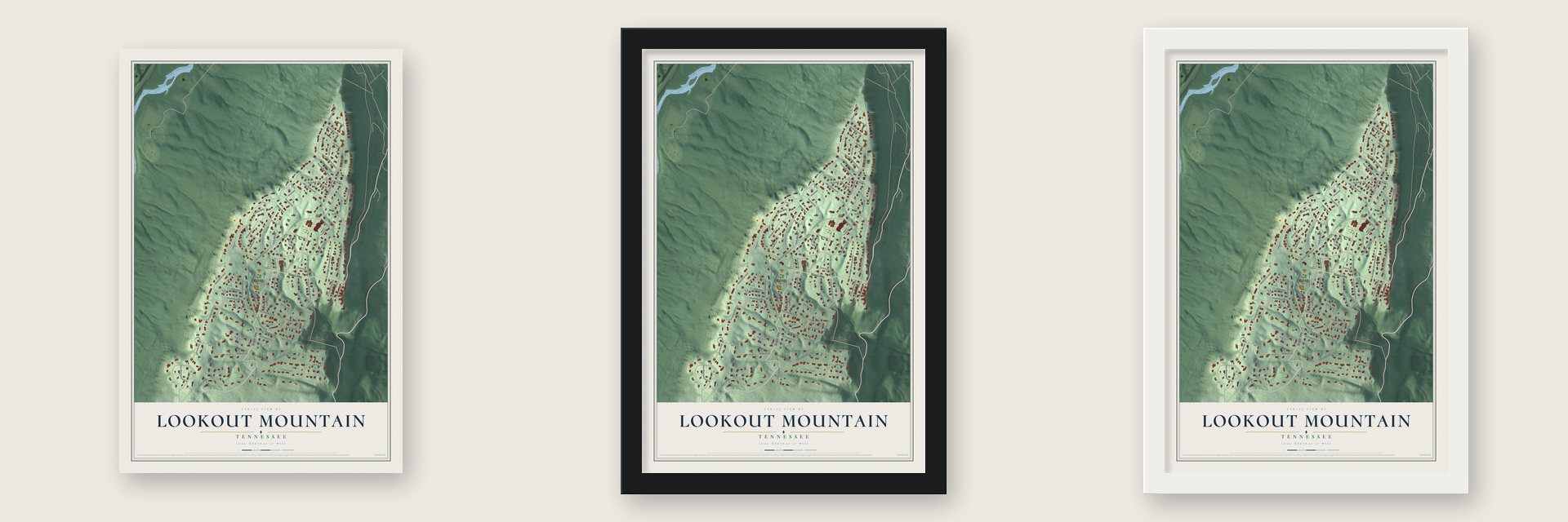 Lookout Mountain, Tennessee map unframed, in a black wood frame and in a white wood frame