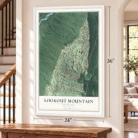 Lookout Mountain, Tennessee map, 24 x 36 inch print in a white frame by a staircase