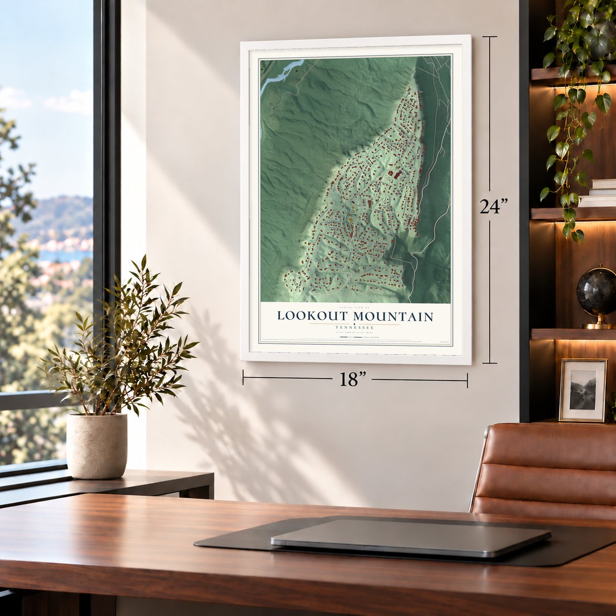 Lookout Mountain, Tennessee map, 18 x 24 inch print in a white frame in a home office