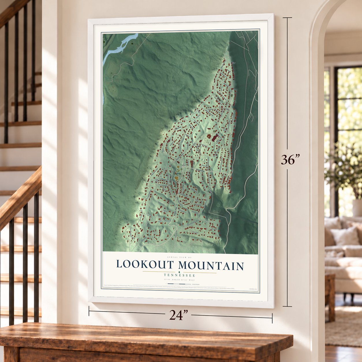 Lookout Mountain, Tennessee map, 24 x 36 inch print in a white frame by a staircase