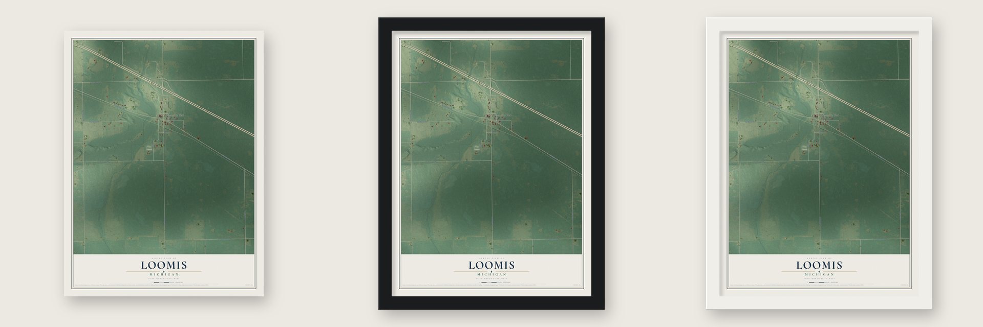 Loomis, Michigan map unframed, in a black wood frame and in a white wood frame