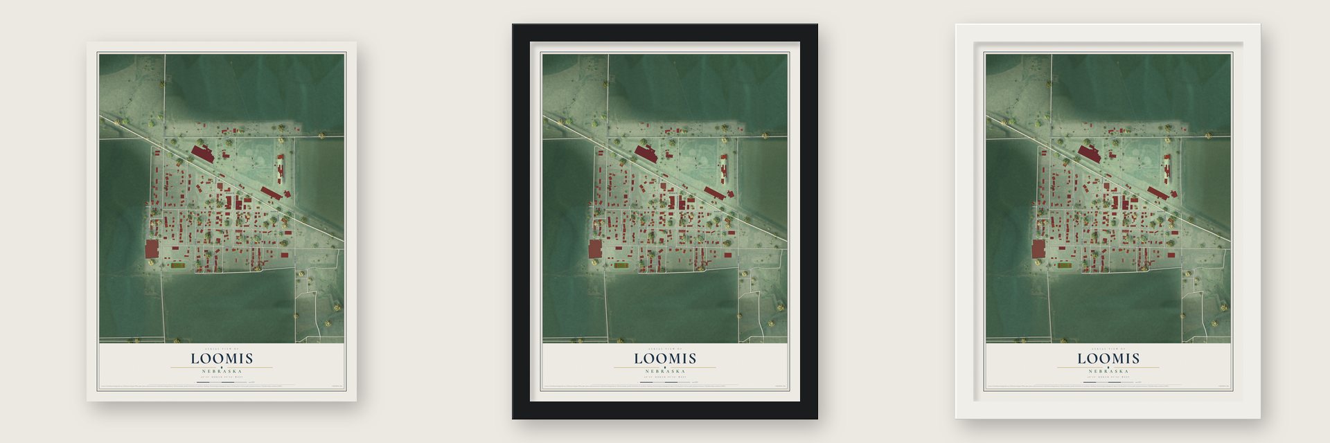 Loomis, Nebraska map unframed, in a black wood frame and in a white wood frame