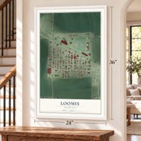 Loomis, Nebraska map, 24 x 36 inch print in a white frame by a staircase