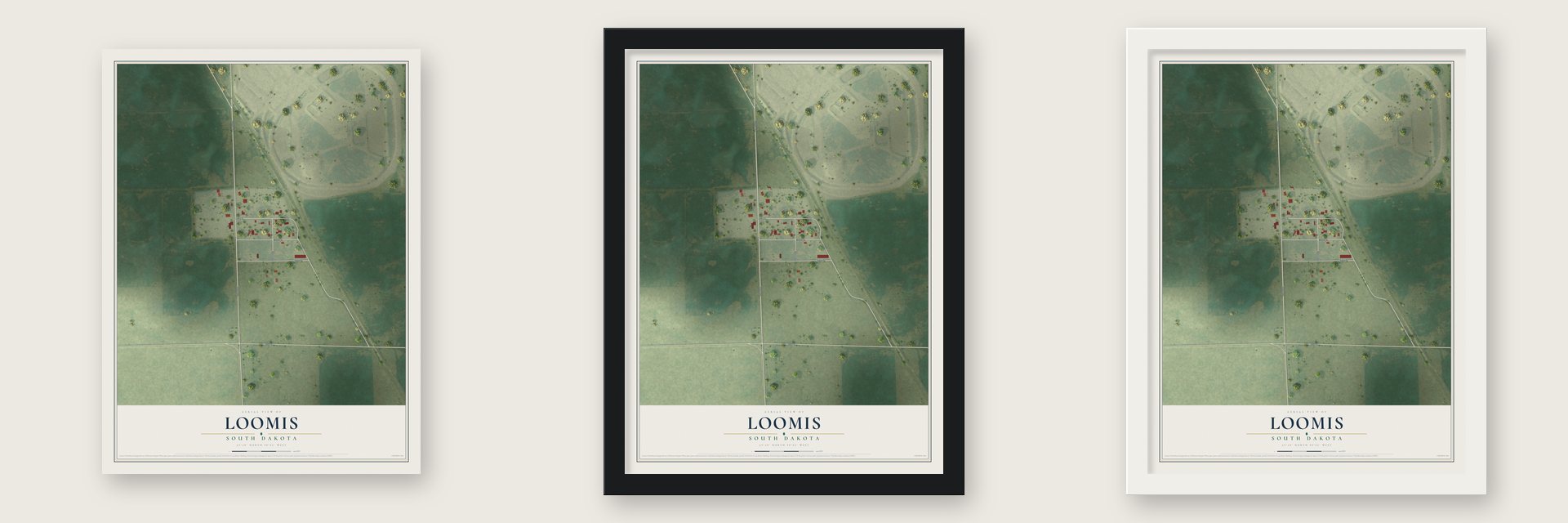 Loomis, South Dakota map unframed, in a black wood frame and in a white wood frame