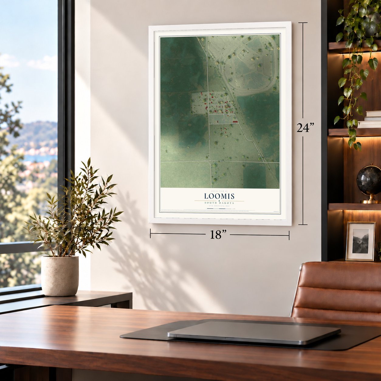 Loomis, South Dakota map, 18 x 24 inch print in a white frame in a home office