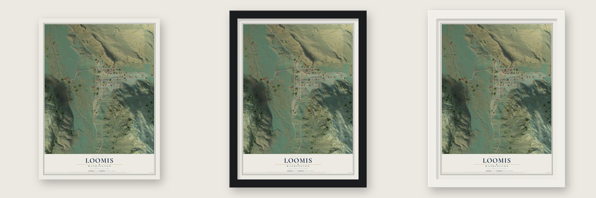 Loomis, Washington map unframed, in a black wood frame and in a white wood frame