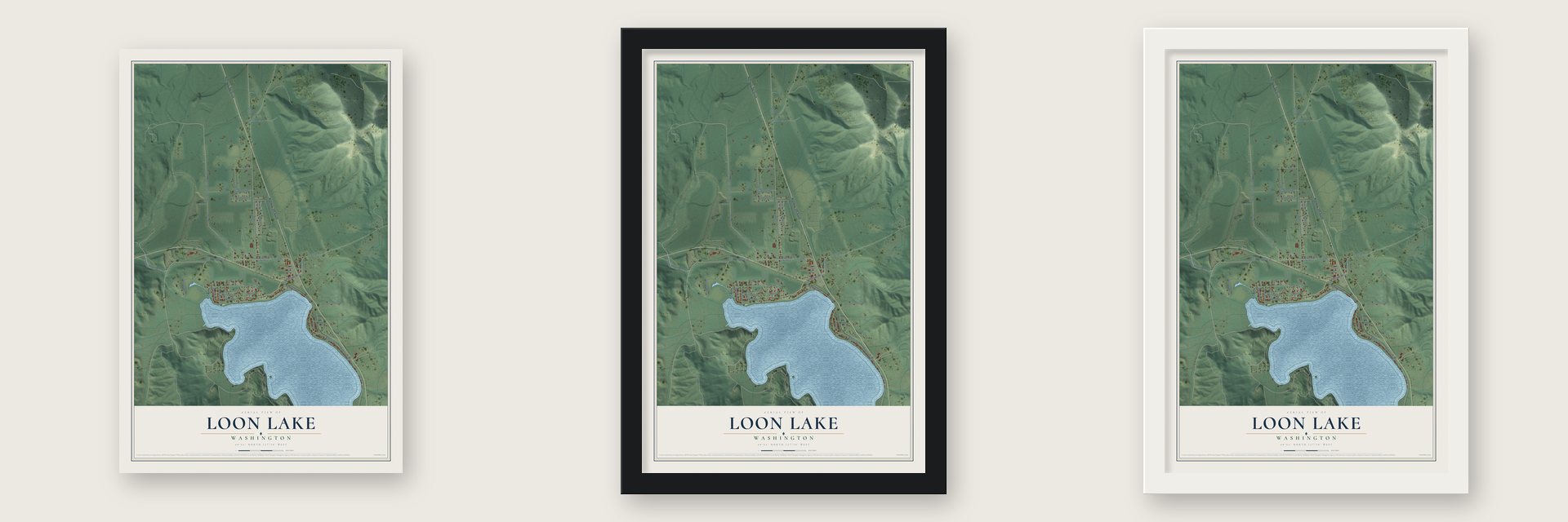 Loon Lake, Washington map unframed, in a black wood frame and in a white wood frame