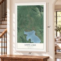 Loon Lake, Washington map, 24 x 36 inch print in a white frame by a staircase