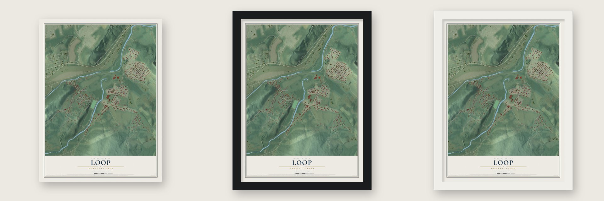 Loop, Pennsylvania map unframed, in a black wood frame and in a white wood frame
