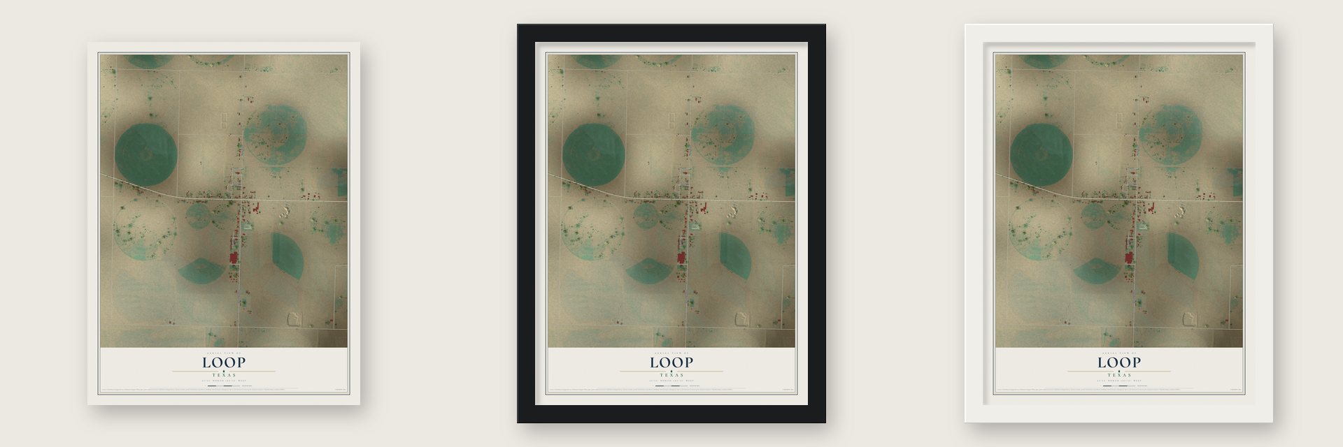 Loop, Texas map unframed, in a black wood frame and in a white wood frame