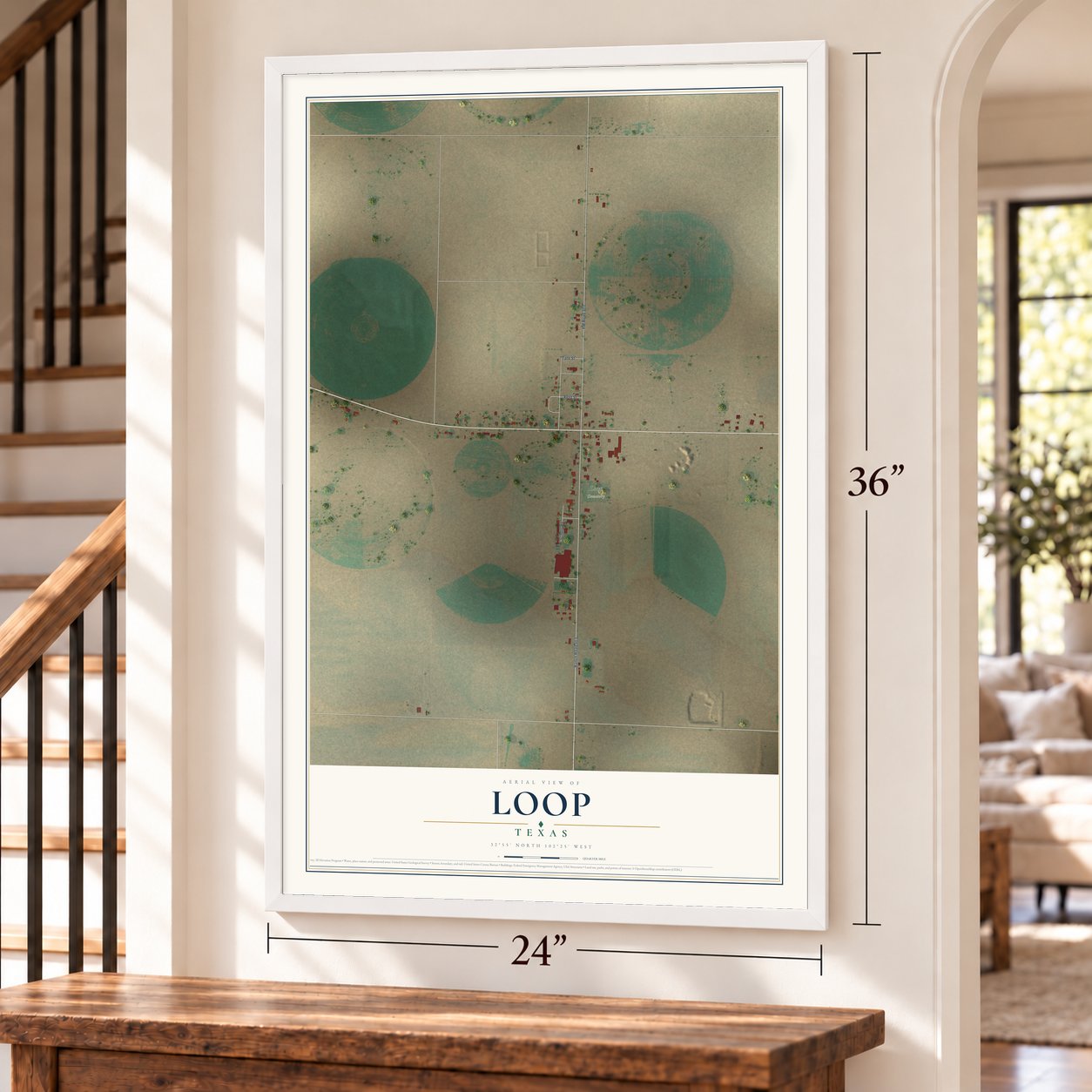 Loop, Texas map, 24 x 36 inch print in a white frame by a staircase