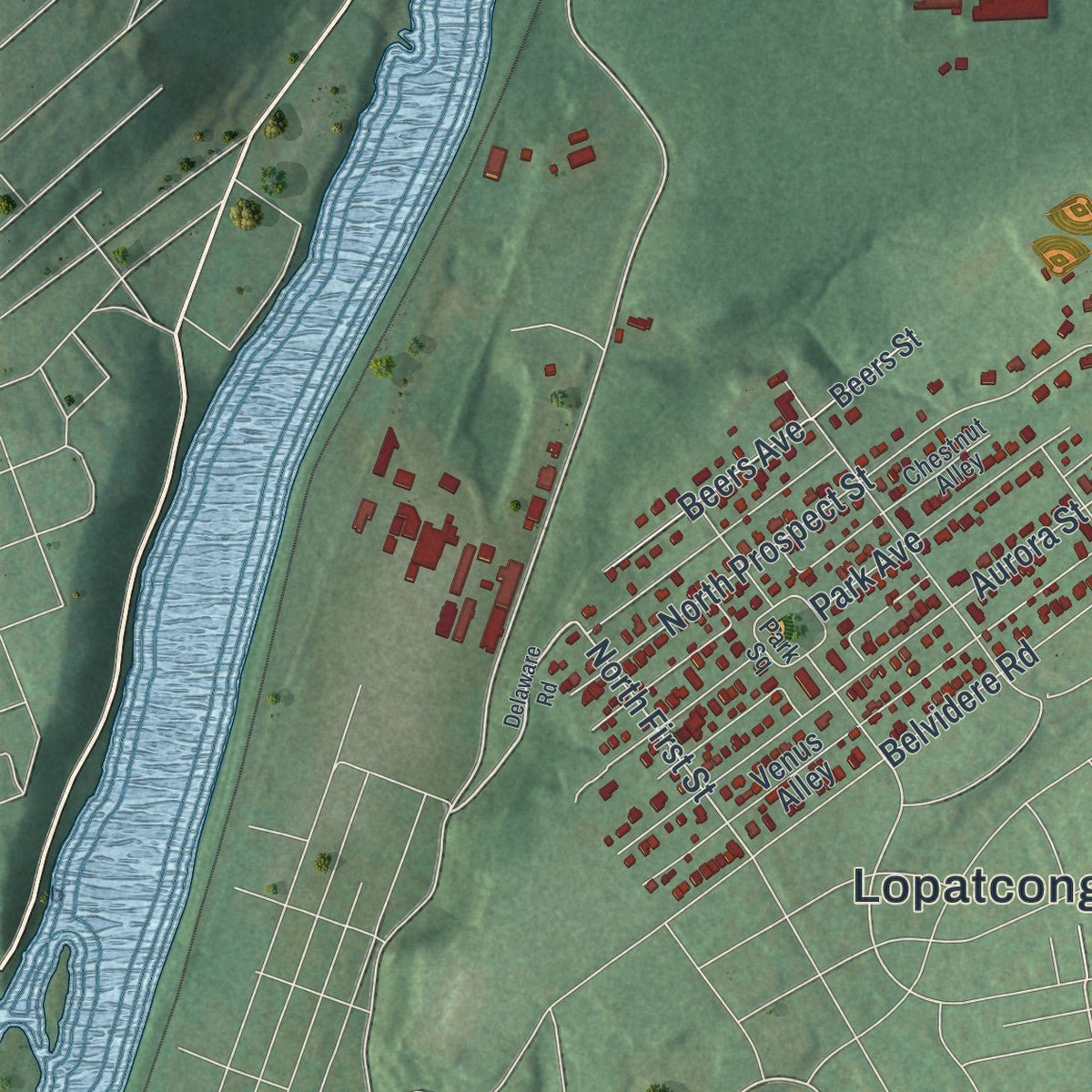 Second close-up of the map of Lopatcong, New Jersey print showing more streets and buildings