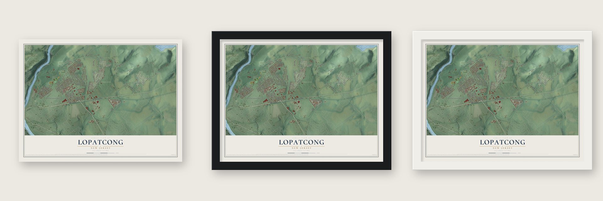 Lopatcong, New Jersey map unframed, in a black wood frame and in a white wood frame