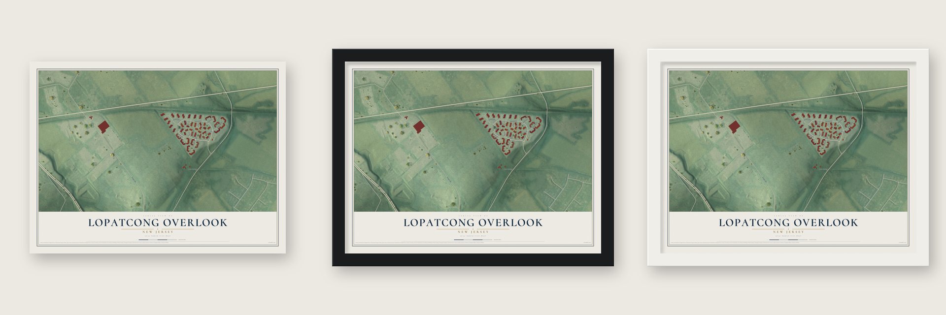 Lopatcong Overlook, New Jersey map unframed, in a black wood frame and in a white wood frame