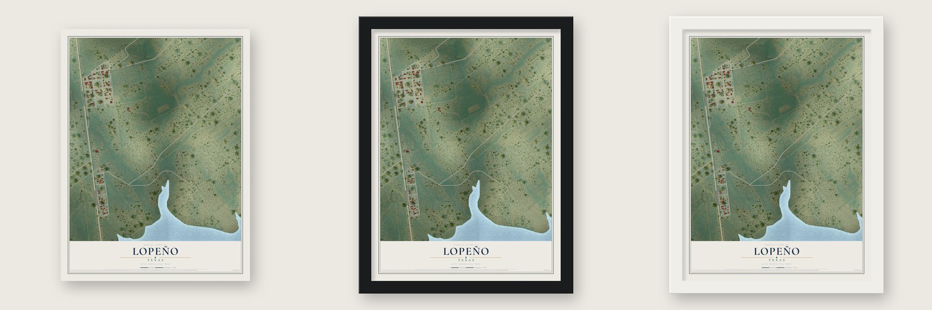 Lopeño, Texas map unframed, in a black wood frame and in a white wood frame