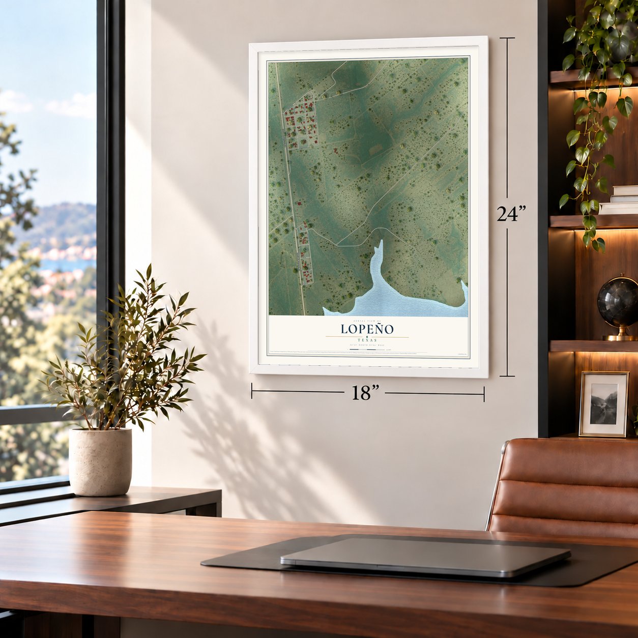 Lopeño, Texas map, 18 x 24 inch print in a white frame in a home office