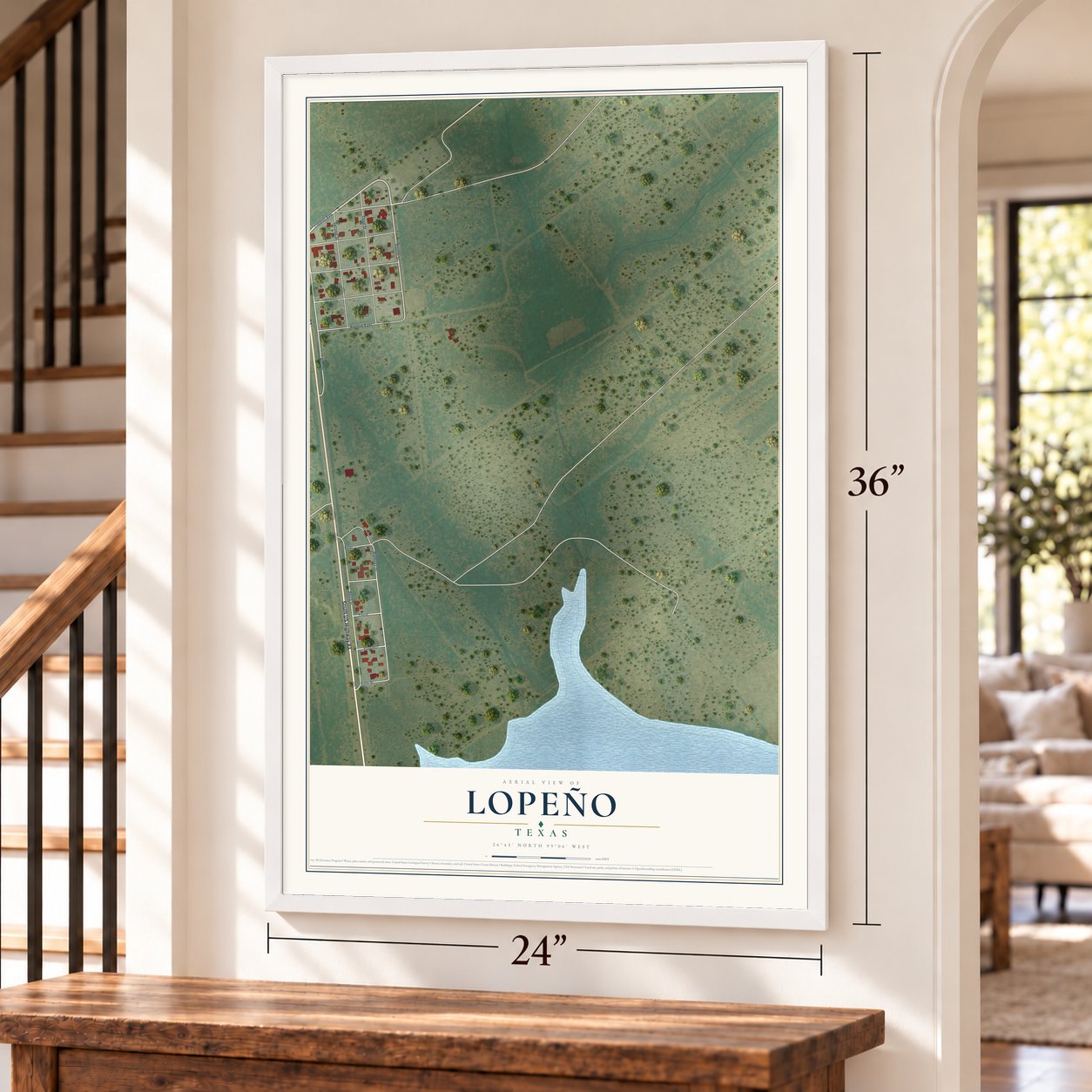 Lopeño, Texas map, 24 x 36 inch print in a white frame by a staircase