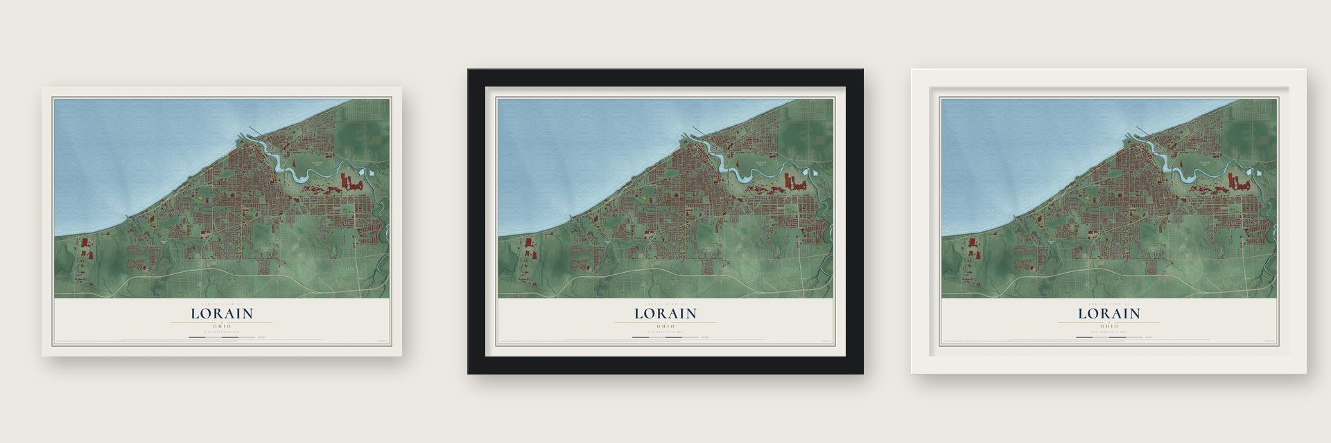 Lorain, Ohio map unframed, in a black wood frame and in a white wood frame