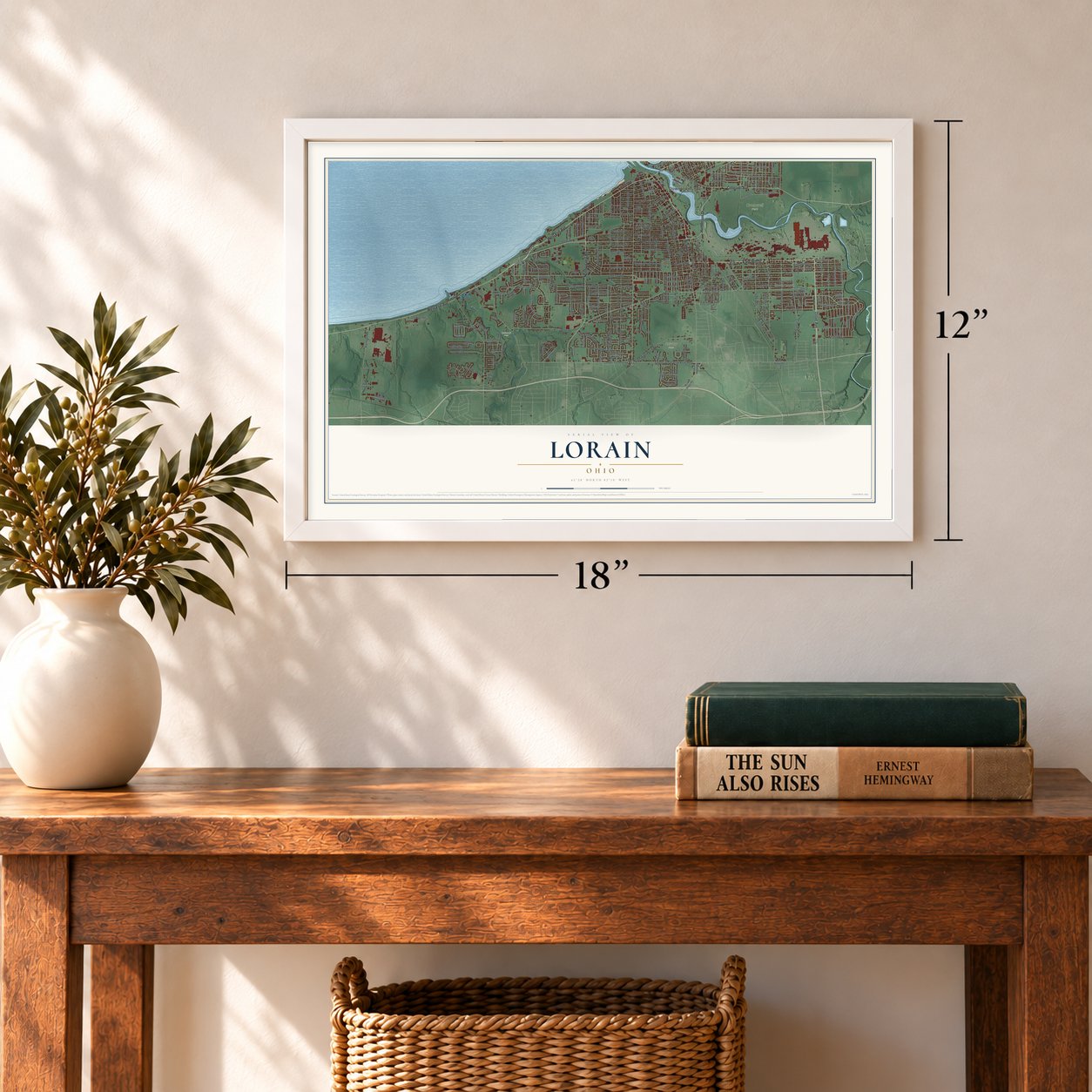 Lorain, Ohio map, 12 x 18 inch print in a white frame in an entryway