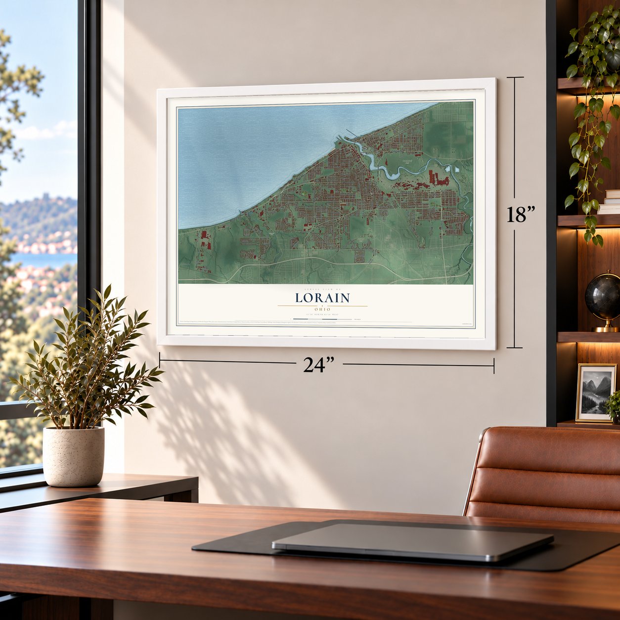 Lorain, Ohio map, 18 x 24 inch print in a white frame in a home office