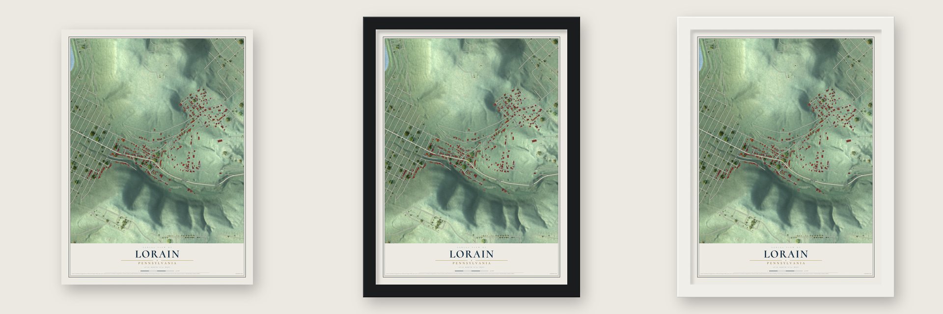 Lorain, Pennsylvania map unframed, in a black wood frame and in a white wood frame