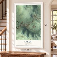 Lorain, Pennsylvania map, 24 x 36 inch print in a white frame by a staircase