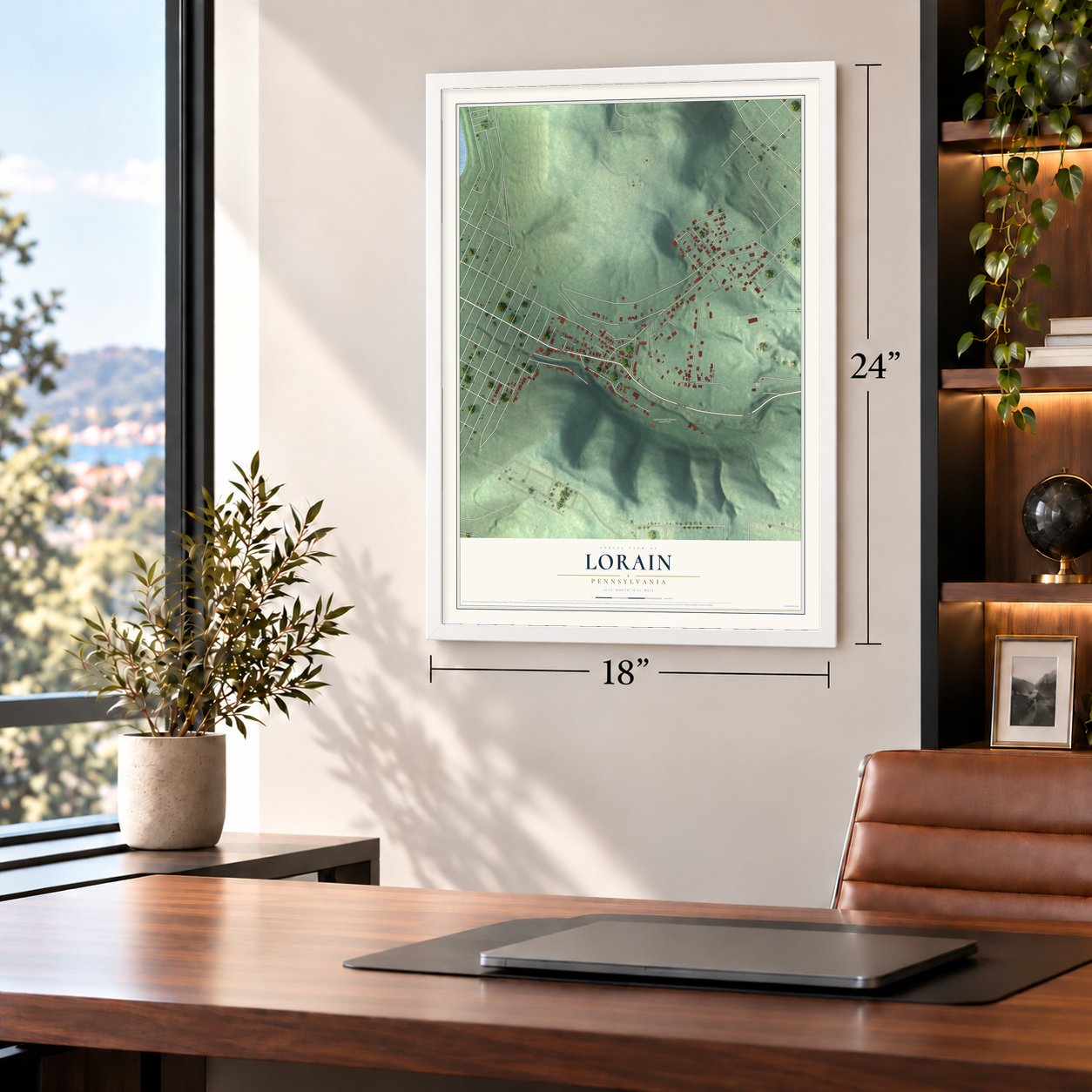 Lorain, Pennsylvania map, 18 x 24 inch print in a white frame in a home office
