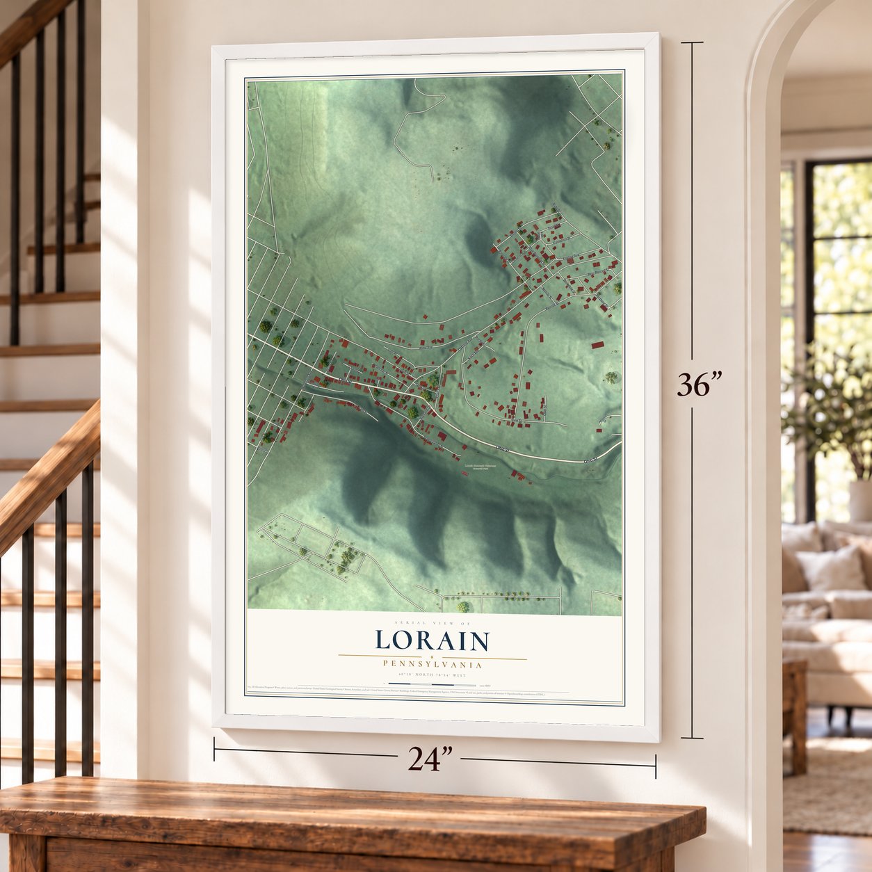 Lorain, Pennsylvania map, 24 x 36 inch print in a white frame by a staircase