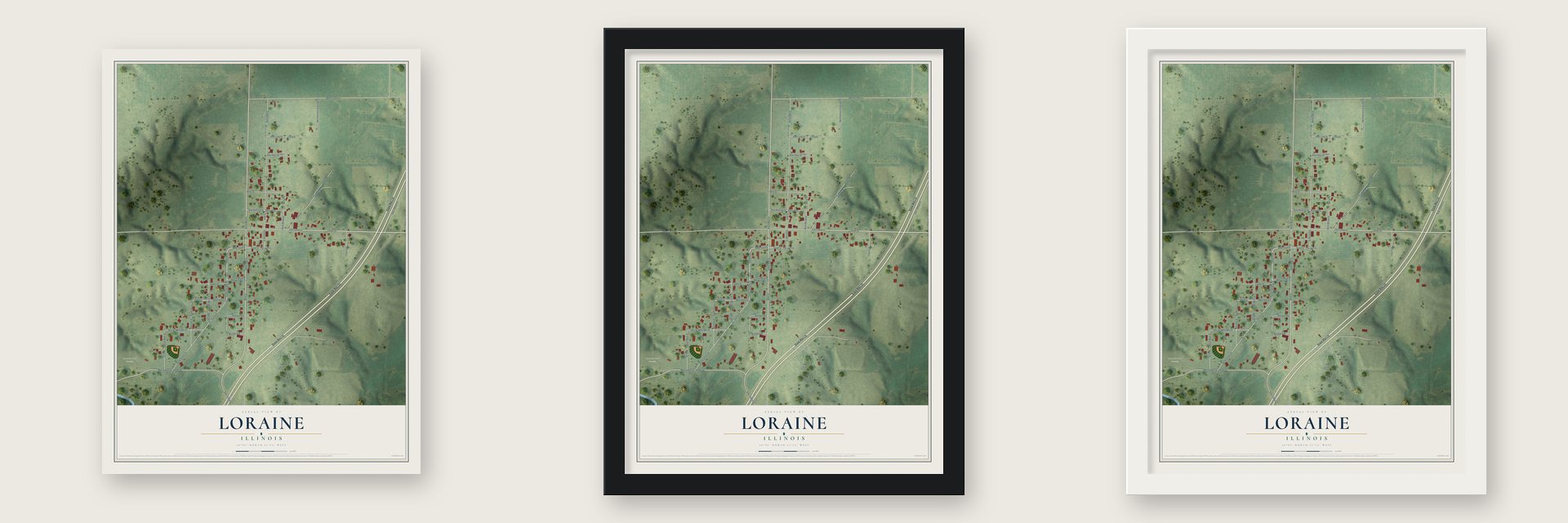Loraine, Illinois map unframed, in a black wood frame and in a white wood frame