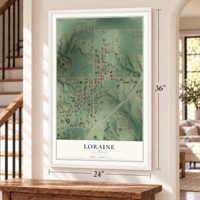 Loraine, Illinois map, 24 x 36 inch print in a white frame by a staircase