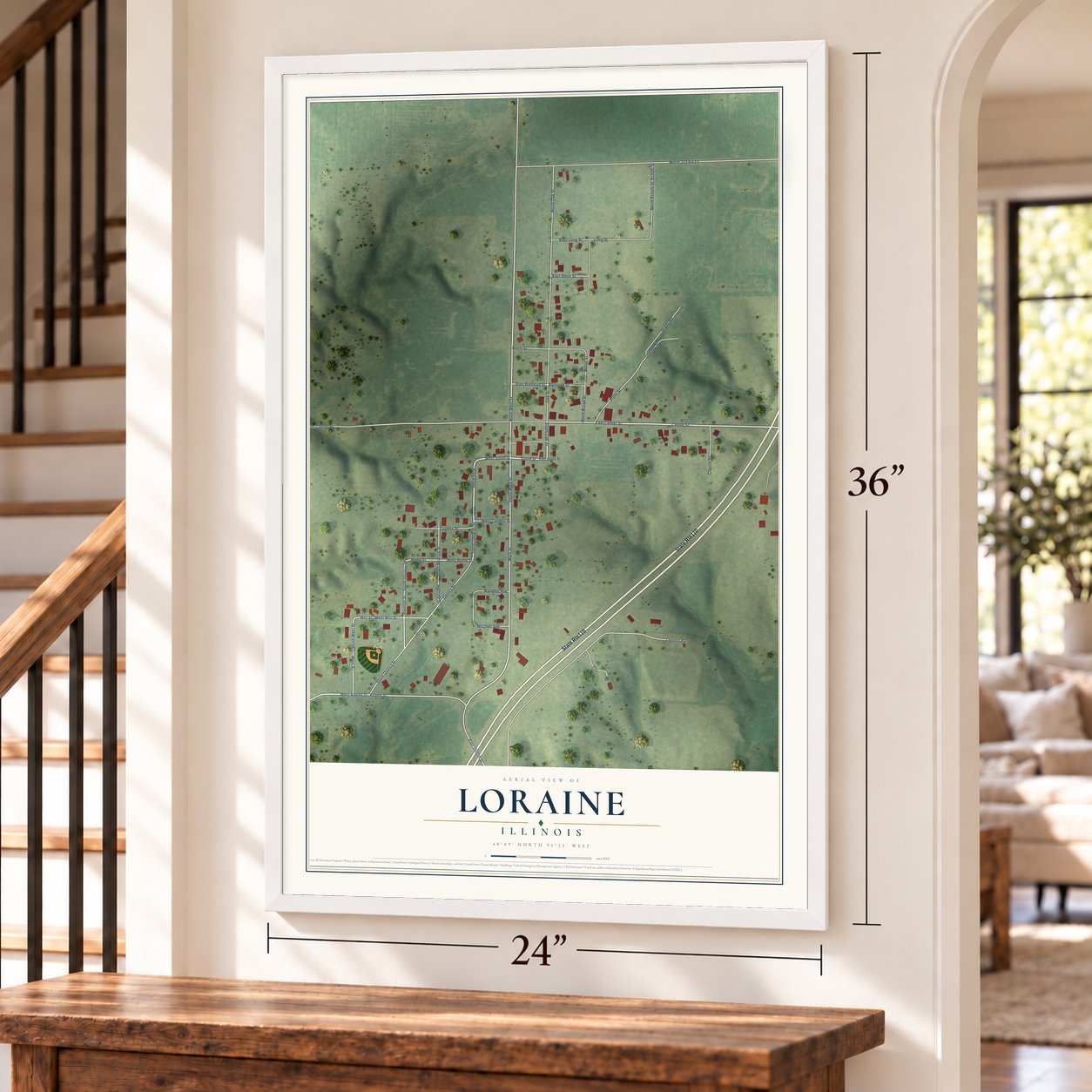 Loraine, Illinois map, 24 x 36 inch print in a white frame by a staircase