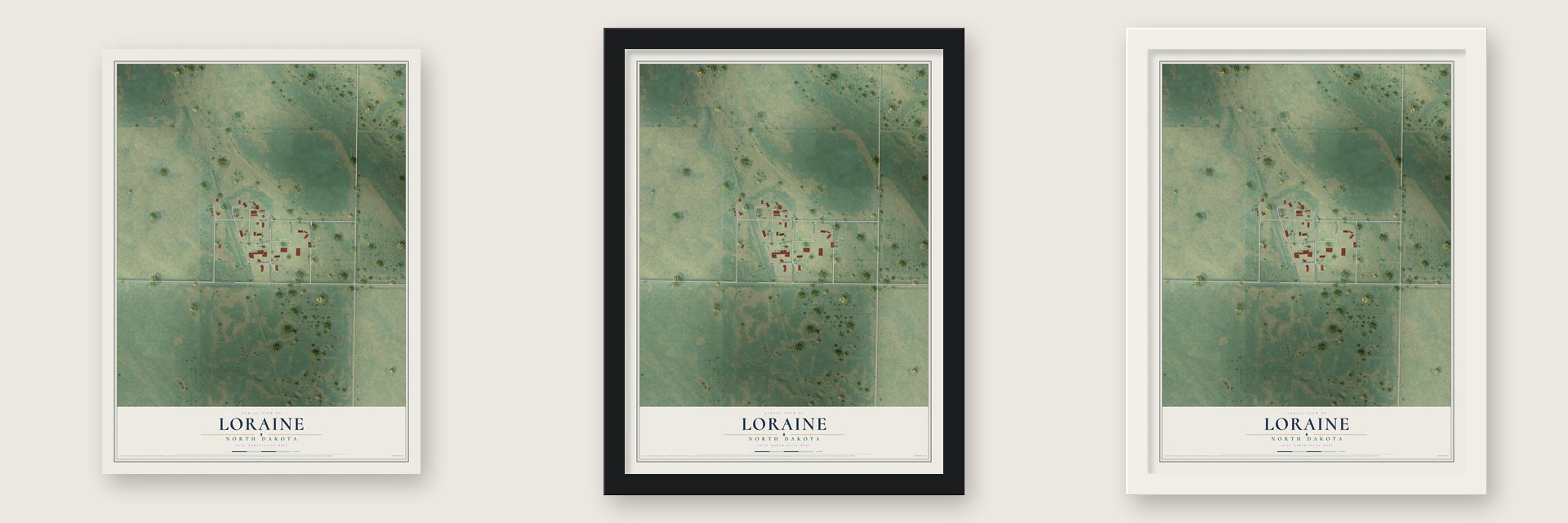 Loraine, North Dakota map unframed, in a black wood frame and in a white wood frame