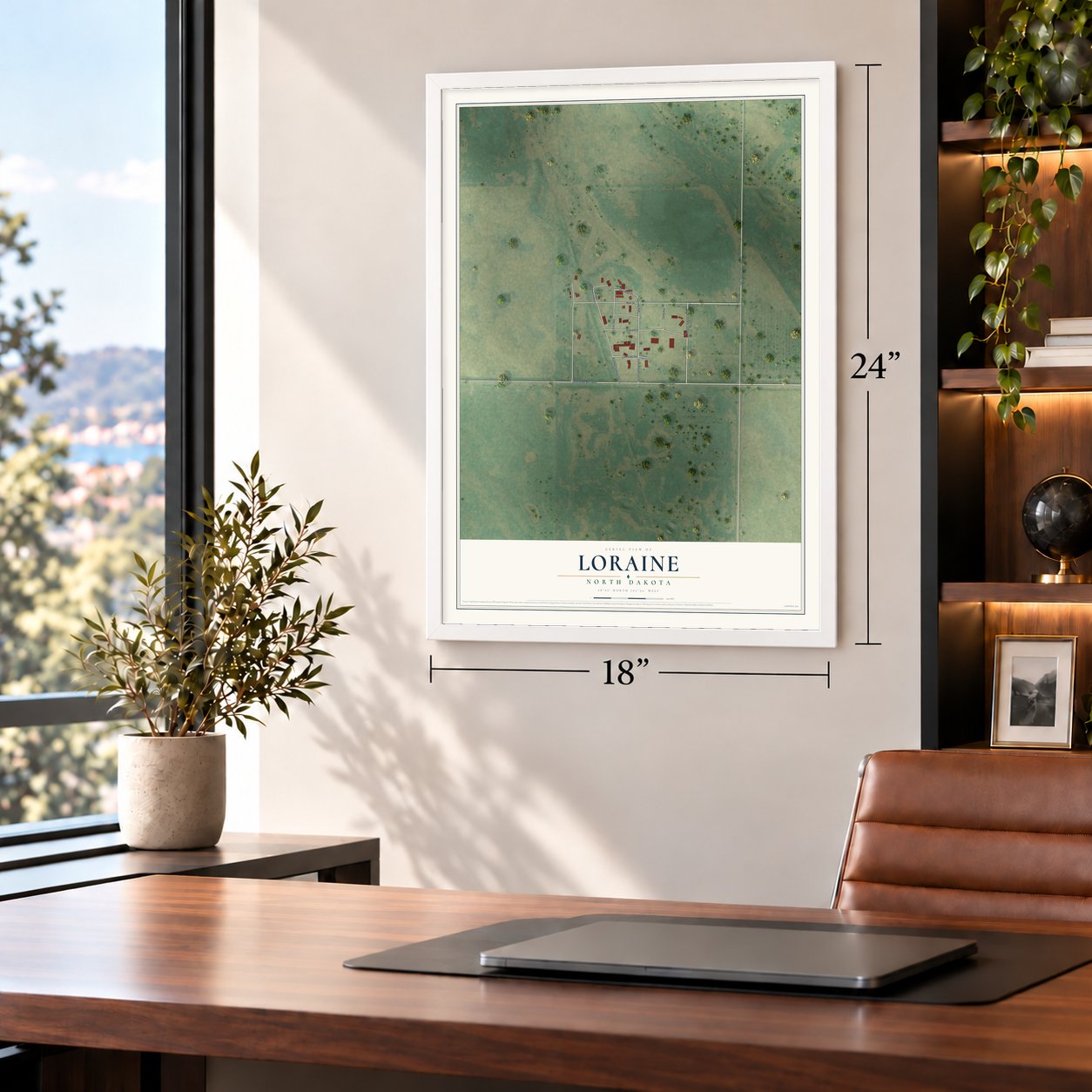 Loraine, North Dakota map, 18 x 24 inch print in a white frame in a home office