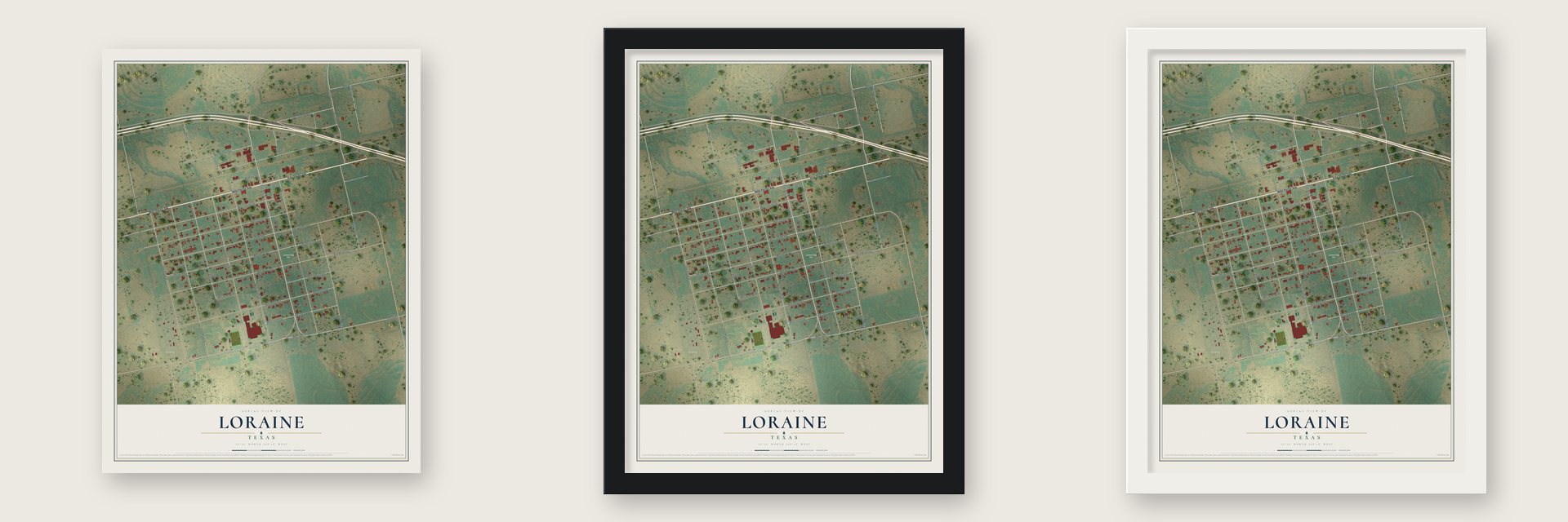 Loraine, Texas map unframed, in a black wood frame and in a white wood frame