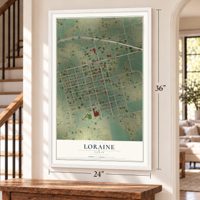 Loraine, Texas map, 24 x 36 inch print in a white frame by a staircase