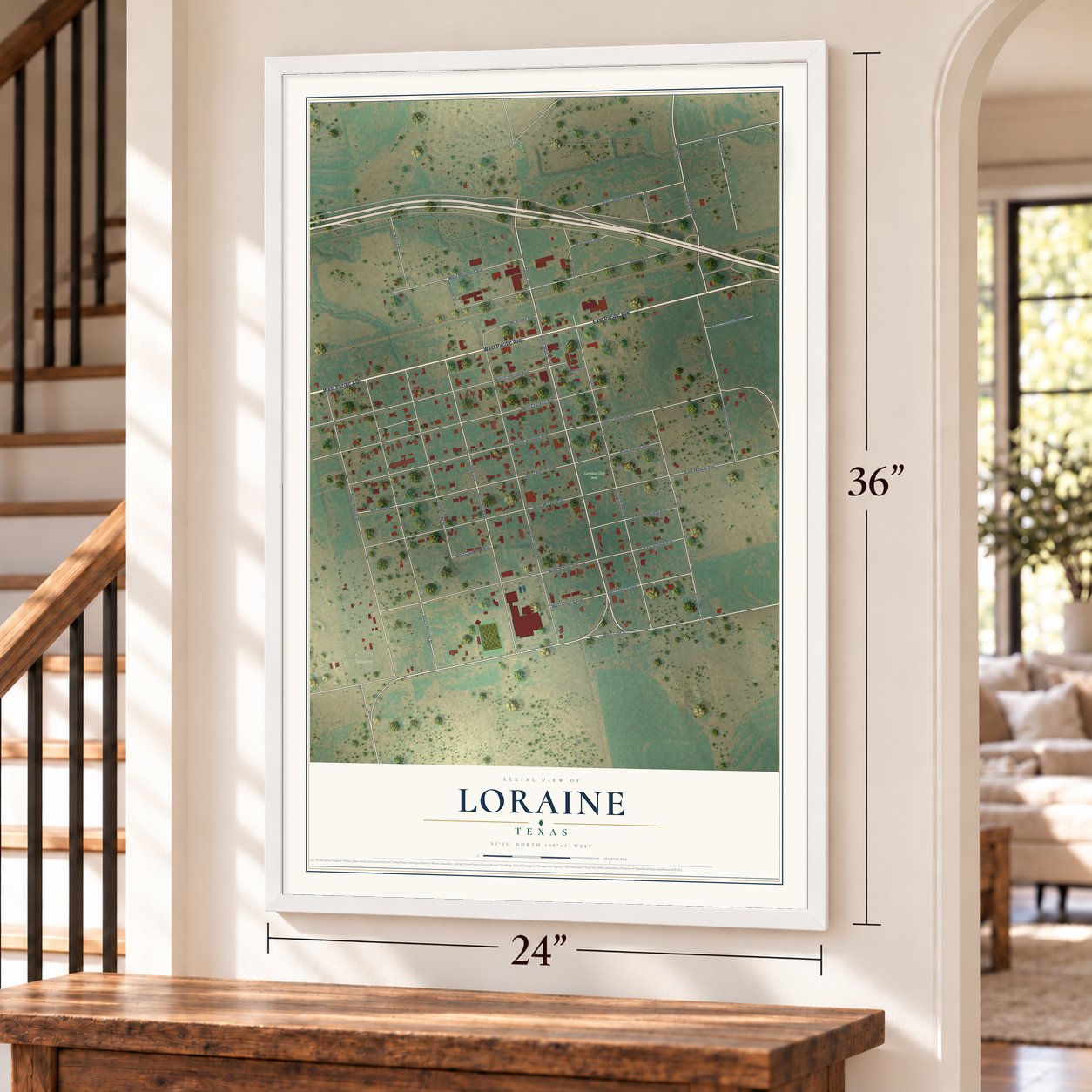 Loraine, Texas map, 24 x 36 inch print in a white frame by a staircase